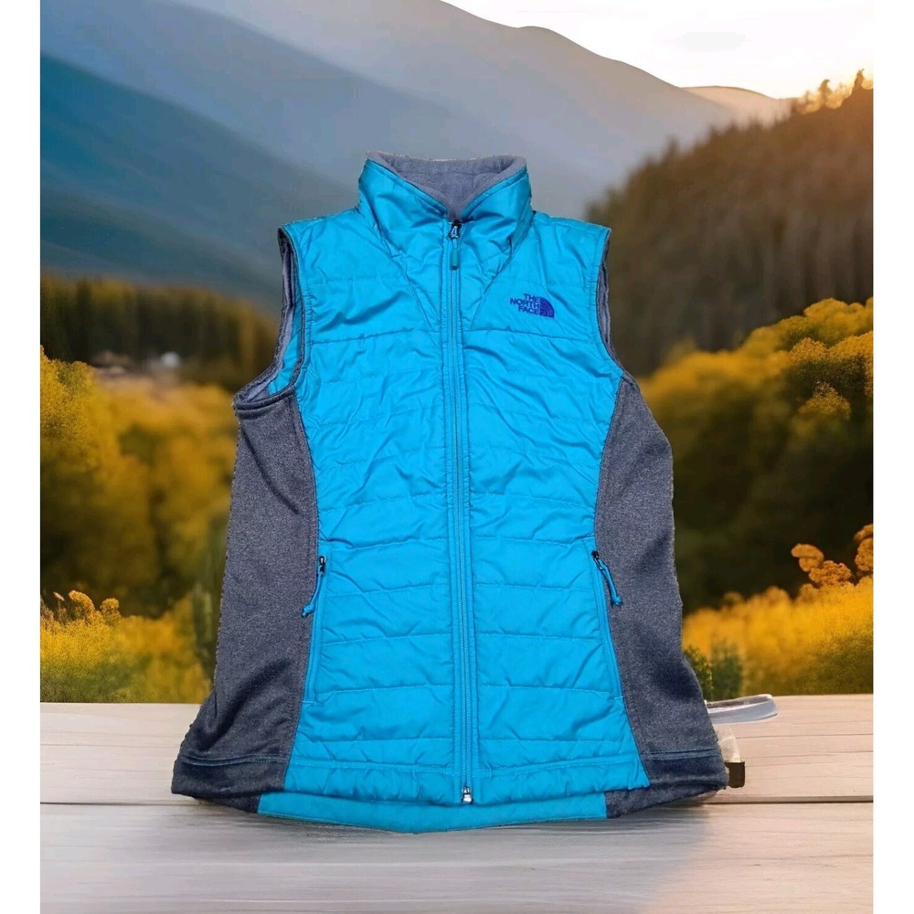 The North Face Puffer Vest Womens S Blue Excellent Hybrid Fleece Quilted Zip